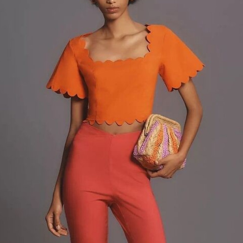 Anthropologie Orange Scalloped Blouse